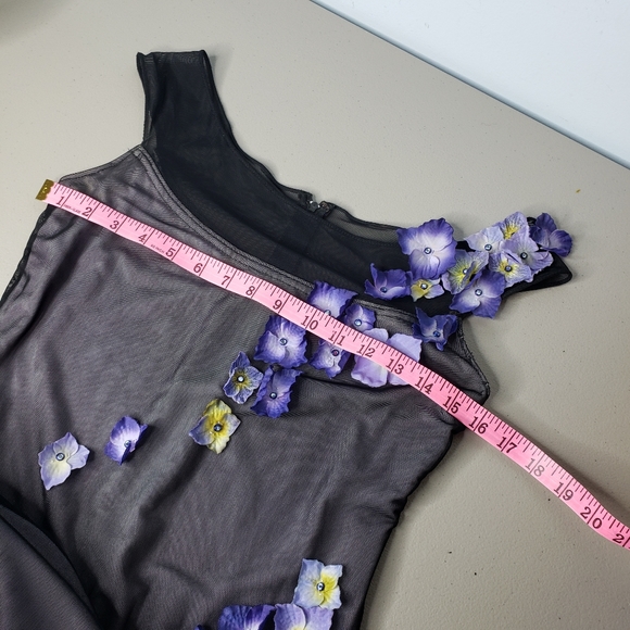 Tadashi for Cache Maxi Dress 90's Y2K Vtg Mesh Applique 3D Pansies Column Whims - Picture 14 of 17